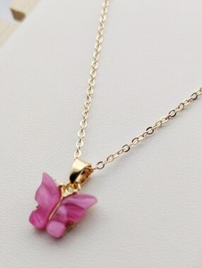 Gold Butterfly Pendant Necklace with Stone Charm In Fuschia